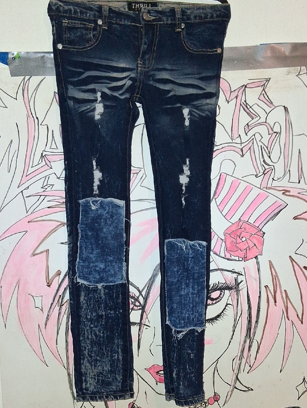 Thrill Dark Blue Distressed Patchwork Skinny Jeans